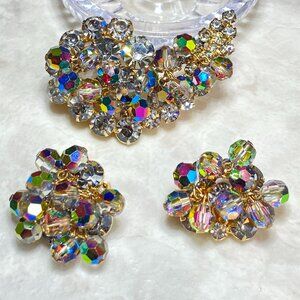 Vintage Aurora Borealis Colored Rhinestone Brooch & Clip Earrings Set in Gold